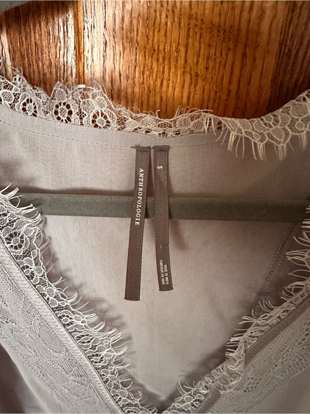 Anthropologie Light Gray Lace-Trim V-Neck Flutter Sleeve Top - Picture 2 of 2